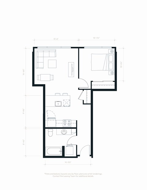 Floor plan for 1 bed, 1 bath, 592 sqft